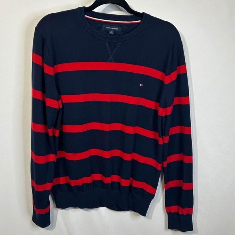 Mens TOMMY HILFIGER crew neck sweater. Navy/red. New condition. Size Large.